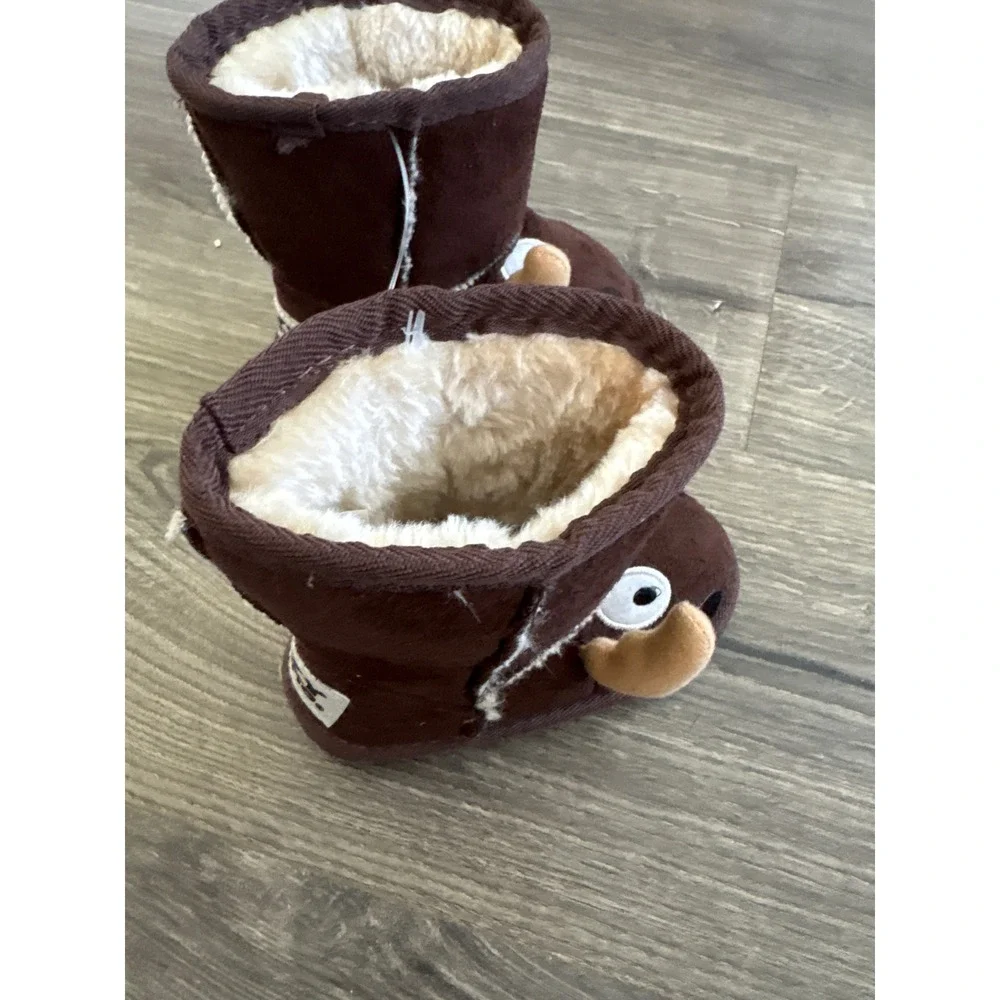 Lazy One Kids Moose Critter Slippers Brown Faux Fur Booties XXS 4-5 NEW